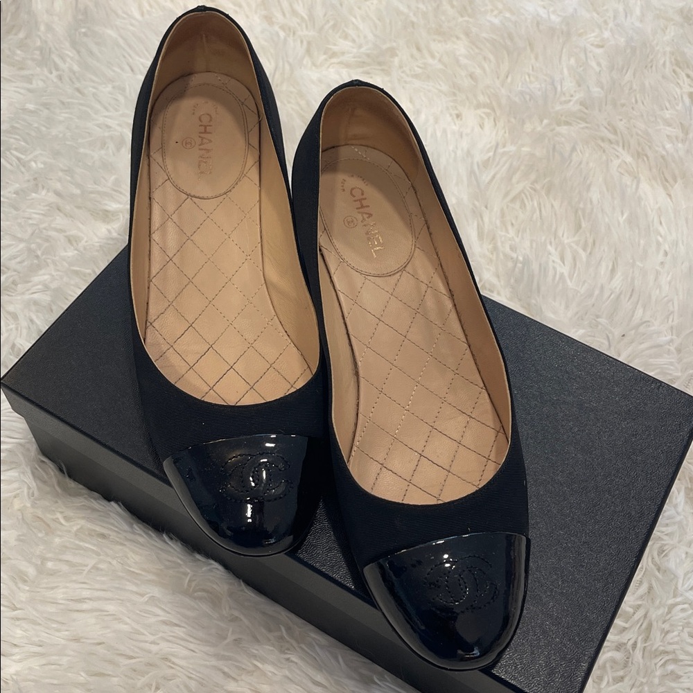 Authentic Chanel black fabric shoe with 1.5” heel. Patent toe with CC logo. $725 - Picture 2 of 6